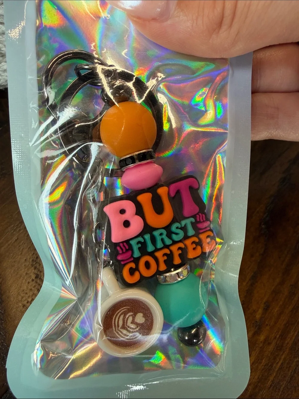 But First Coffee Keychain Charm - Teal, Pink & Orange